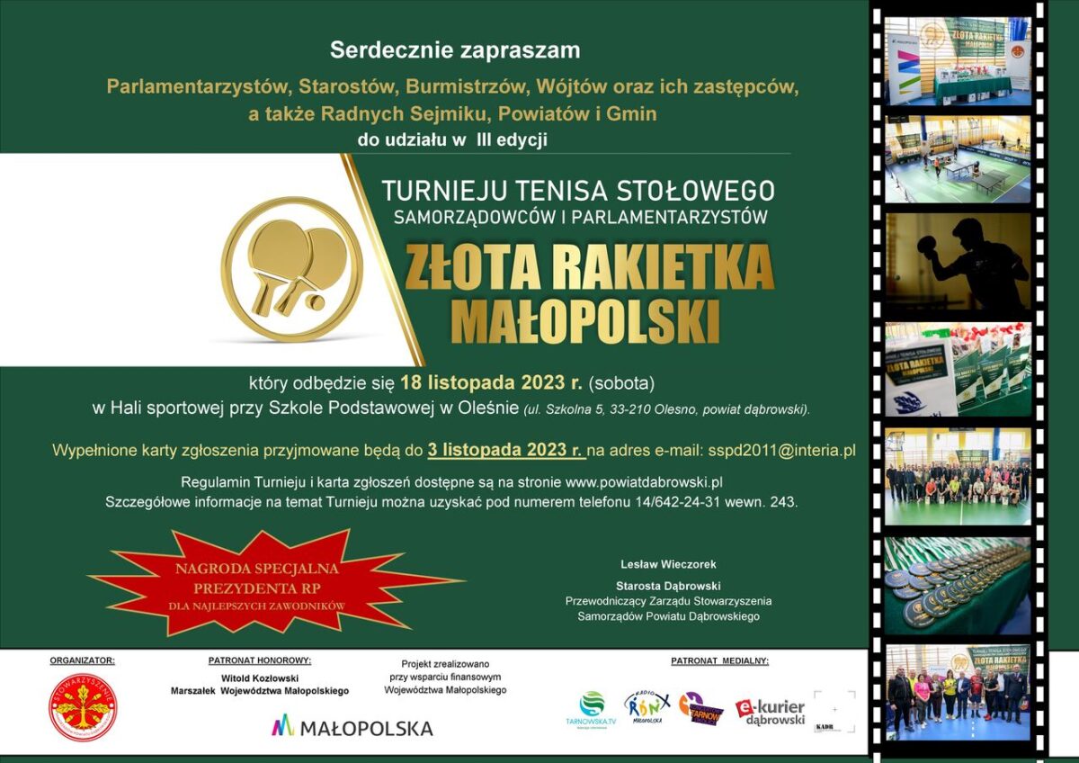 Zaproszenie do udziału w III Turnieju Tenisa Stołowego Samorządowców i Parlamentarzystów „Złota Rakietka Małopolski”