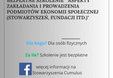 Bezpłatne szkolenie pn. „Jak założyć i prowadzić podmiot ekonomii społecznej? Praktyczne vademecum” Bezpłatne szkolenie pn. „Jak założyć i prowadzić podmiot ekonomii społecznej? Praktyczne vademecum”